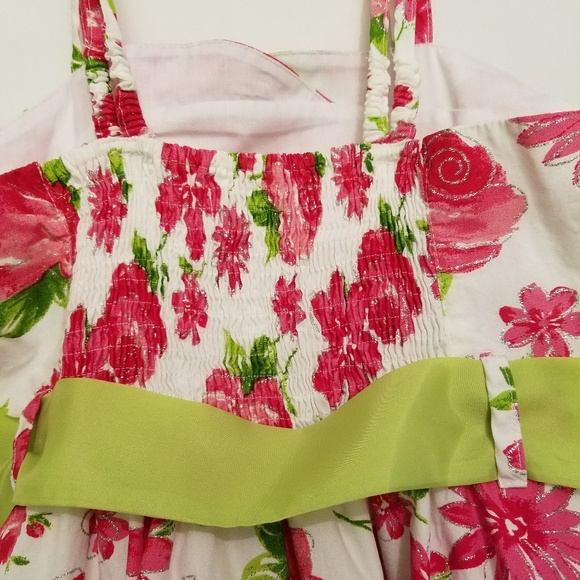 Bonnie Jean Fit and Flare Floral T-Strap Sundress Pink Green White Flowers 14 - Picture 5 of 8
